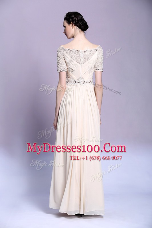 Chiffon Bateau Sleeveless Zipper Beading and Appliques and Ruching Mother Of The Bride Dress in Champagne