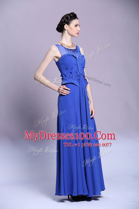 Scoop Blue Chiffon Zipper Prom Evening Gown Sleeveless Floor Length Beading and Appliques