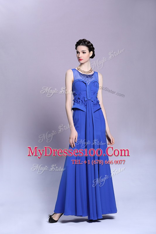 Scoop Blue Chiffon Zipper Prom Evening Gown Sleeveless Floor Length Beading and Appliques
