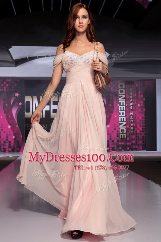 Stunning Pink Short Sleeves Beading and Ruching Floor Length Evening Gowns