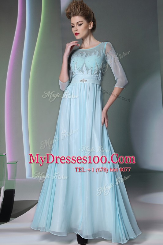 Super Column/Sheath Mother Of The Bride Dress Light Blue Scoop Chiffon Half Sleeves Ankle Length Zipper