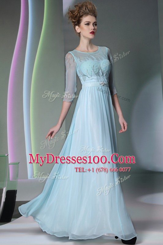 Super Column/Sheath Mother Of The Bride Dress Light Blue Scoop Chiffon Half Sleeves Ankle Length Zipper