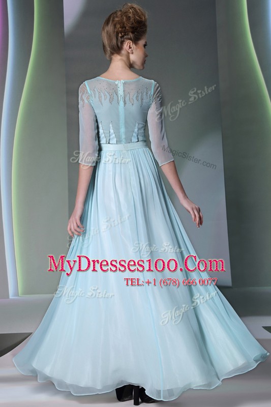 Super Column/Sheath Mother Of The Bride Dress Light Blue Scoop Chiffon Half Sleeves Ankle Length Zipper