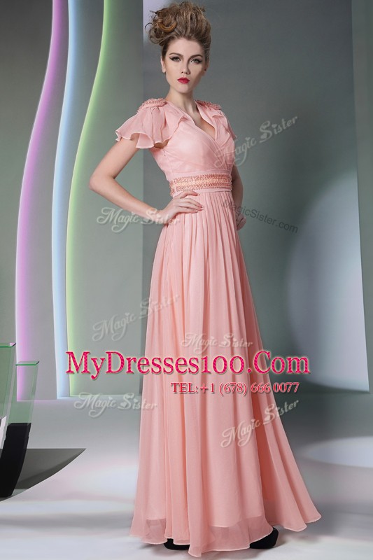 Chiffon Cap Sleeves Floor Length Prom Evening Gown and Beading and Ruching