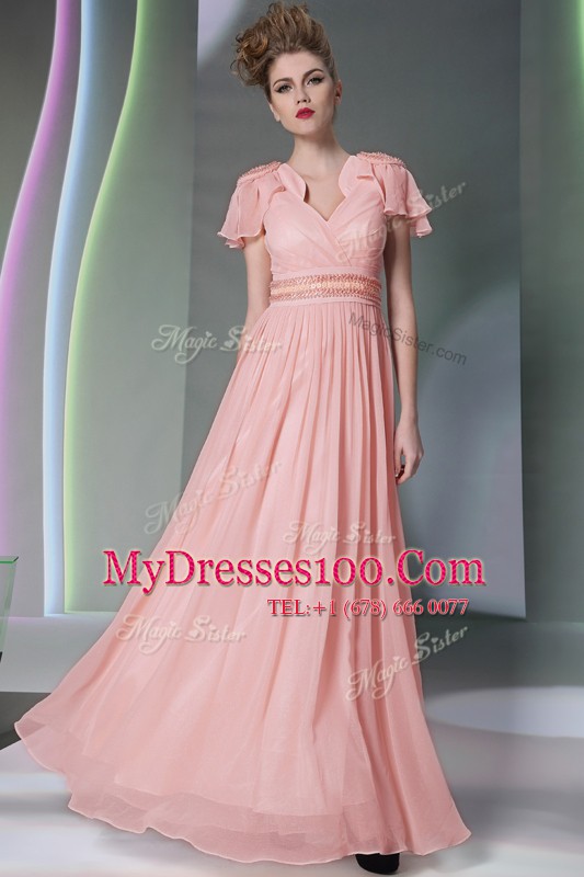 Chiffon Cap Sleeves Floor Length Prom Evening Gown and Beading and Ruching