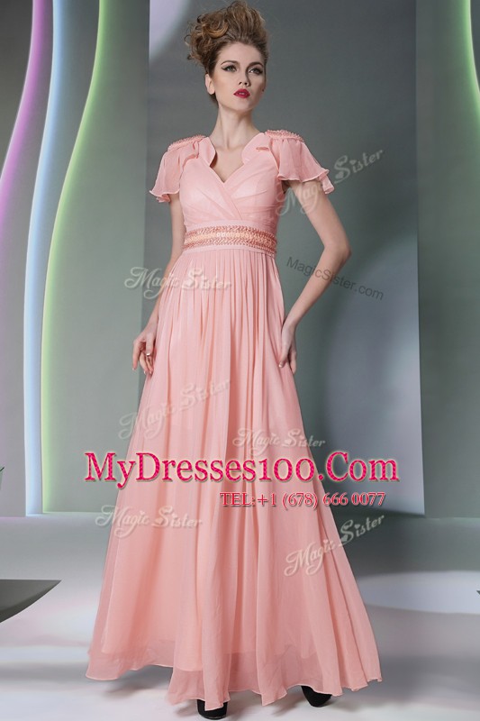 Chiffon Cap Sleeves Floor Length Prom Evening Gown and Beading and Ruching