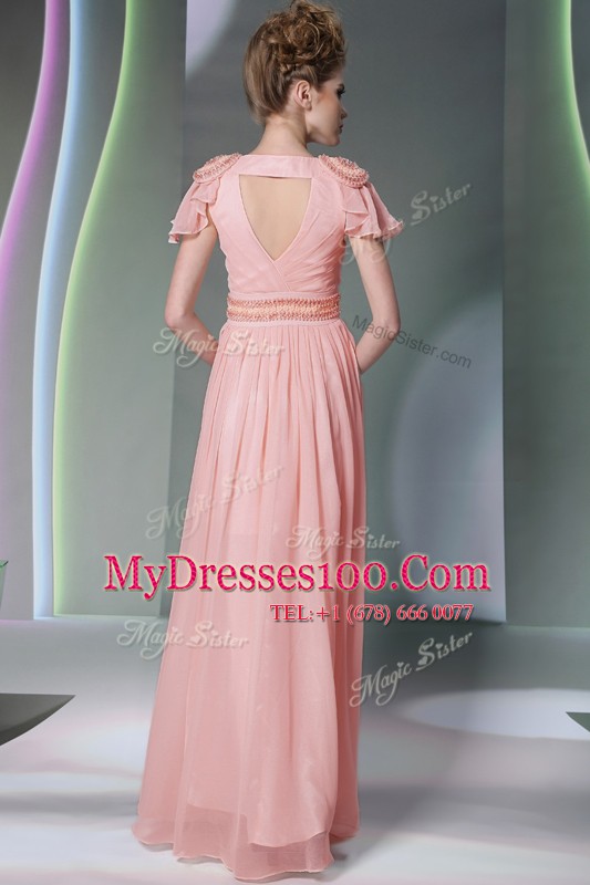 Chiffon Cap Sleeves Floor Length Prom Evening Gown and Beading and Ruching