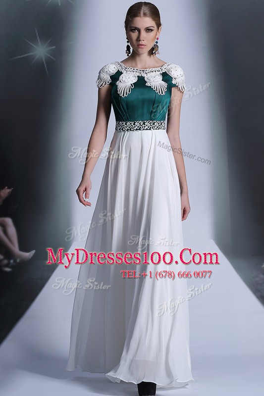 Scoop White Empire Appliques Mother Of The Bride Dress Zipper Chiffon Cap Sleeves Floor Length