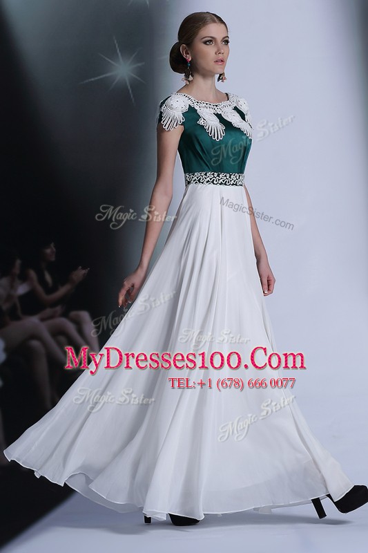 Scoop White Empire Appliques Mother Of The Bride Dress Zipper Chiffon Cap Sleeves Floor Length