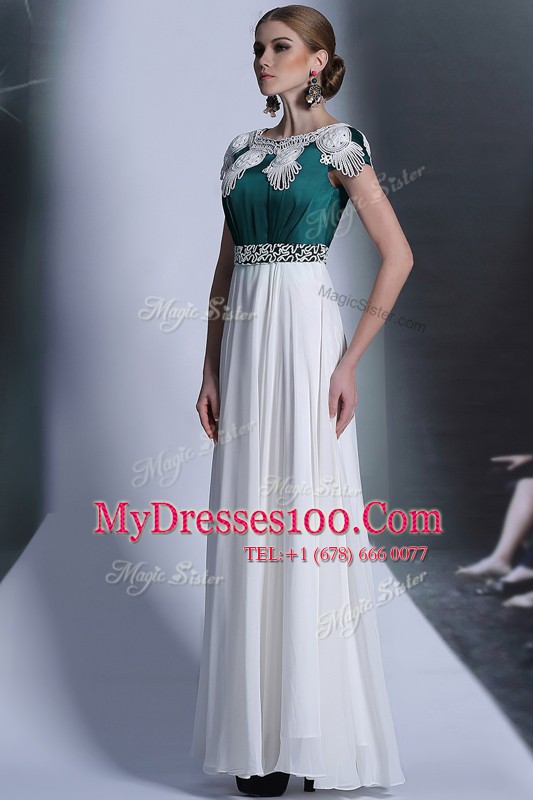 Scoop White Empire Appliques Mother Of The Bride Dress Zipper Chiffon Cap Sleeves Floor Length