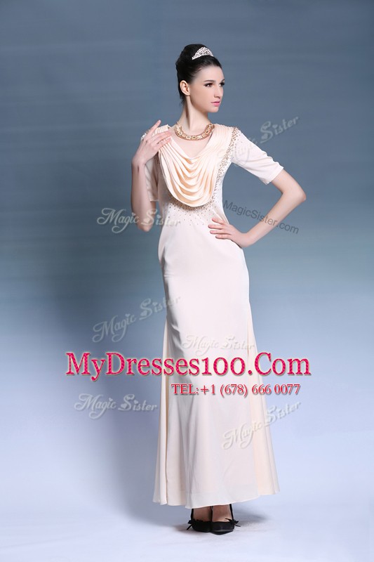 Inexpensive Scoop Chiffon Short Sleeves Floor Length Mother Of The Bride Dress and Beading and Ruching