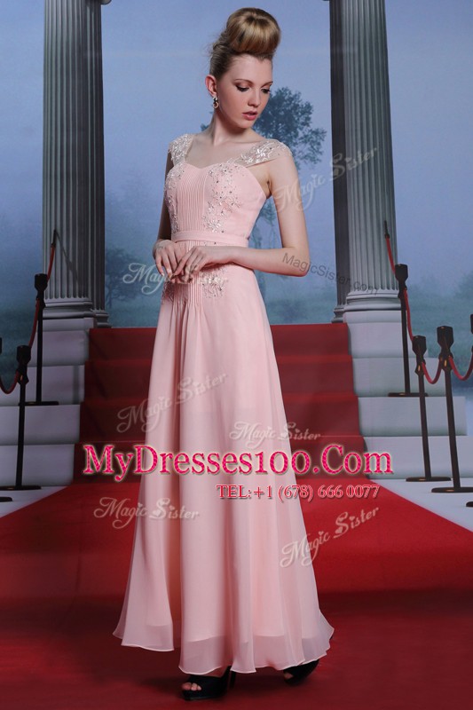 Sweet Baby Pink Chiffon Side Zipper Mother Of The Bride Dress Cap Sleeves Floor Length Beading