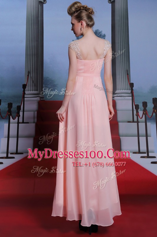 Sweet Baby Pink Chiffon Side Zipper Mother Of The Bride Dress Cap Sleeves Floor Length Beading
