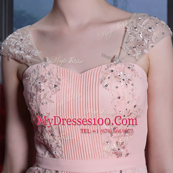 Sweet Baby Pink Chiffon Side Zipper Mother Of The Bride Dress Cap Sleeves Floor Length Beading