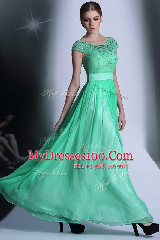 Scoop Turquoise Side Zipper Dress for Prom Beading Cap Sleeves Floor Length