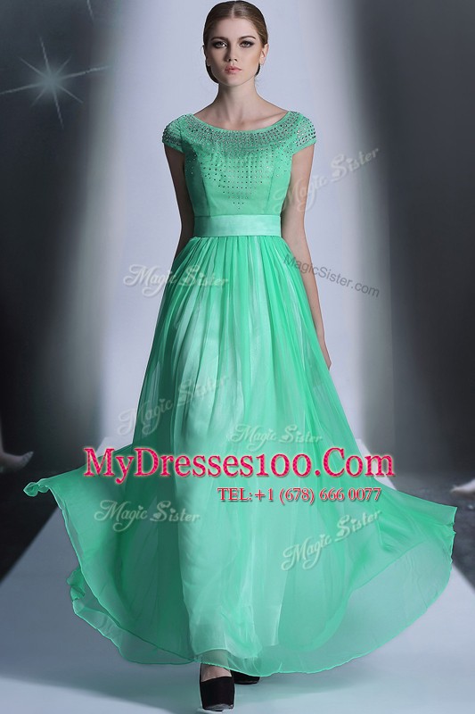 Scoop Turquoise Side Zipper Dress for Prom Beading Cap Sleeves Floor Length