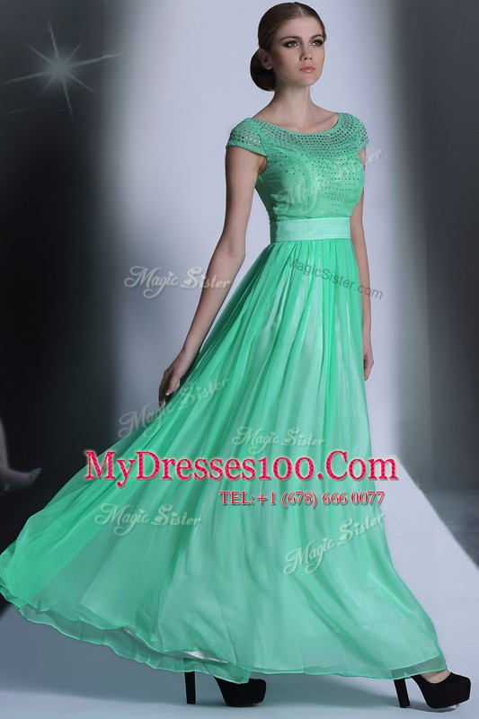Scoop Turquoise Side Zipper Dress for Prom Beading Cap Sleeves Floor Length