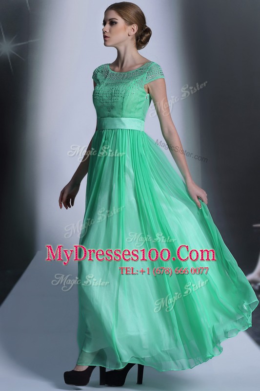 Scoop Turquoise Side Zipper Dress for Prom Beading Cap Sleeves Floor Length