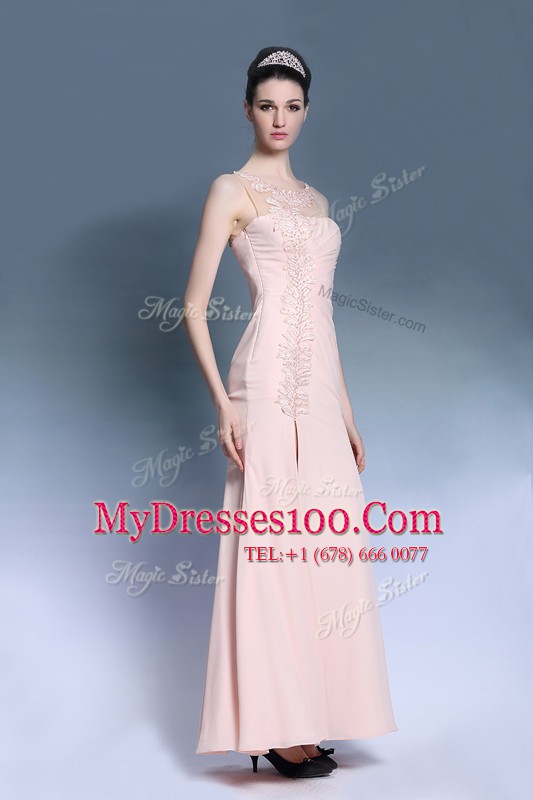 Deluxe Sleeveless Ankle Length Appliques Side Zipper Prom Evening Gown with Baby Pink