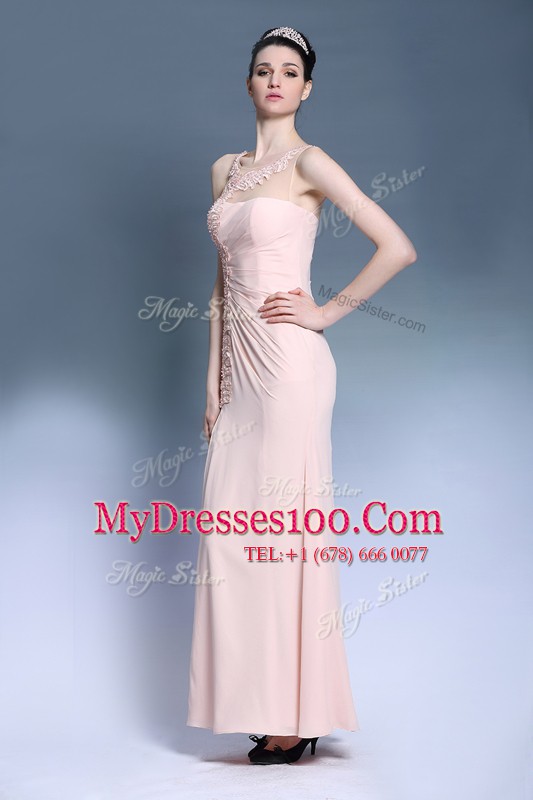 Deluxe Sleeveless Ankle Length Appliques Side Zipper Prom Evening Gown with Baby Pink