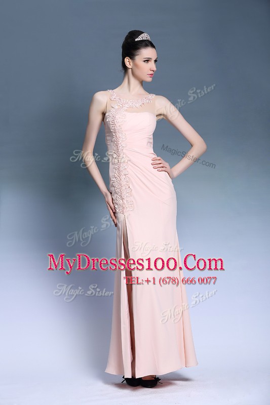 Deluxe Sleeveless Ankle Length Appliques Side Zipper Prom Evening Gown with Baby Pink
