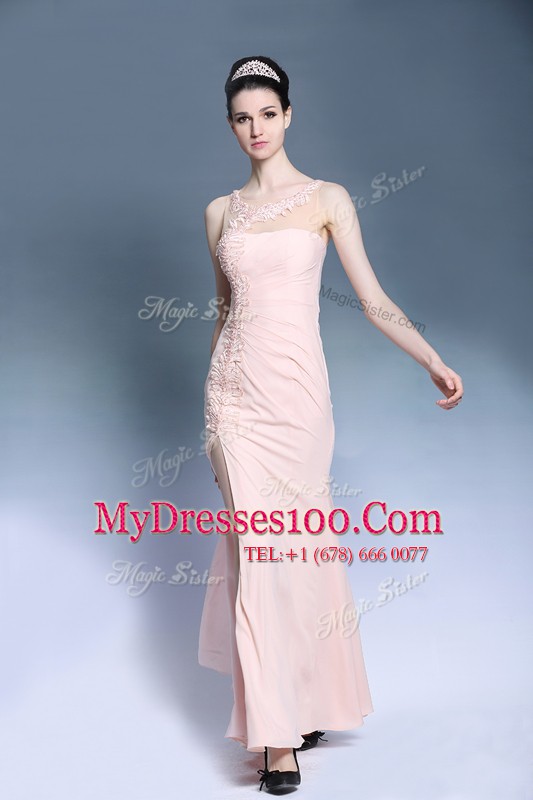 Deluxe Sleeveless Ankle Length Appliques Side Zipper Prom Evening Gown with Baby Pink