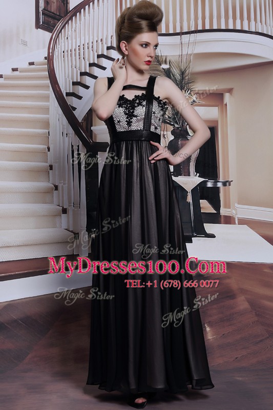 Stylish Black Chiffon Criss Cross Straps Sleeveless Floor Length Prom Dresses Embroidery