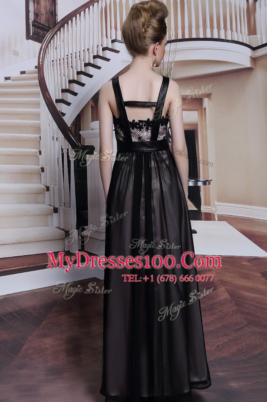 Stylish Black Chiffon Criss Cross Straps Sleeveless Floor Length Prom Dresses Embroidery
