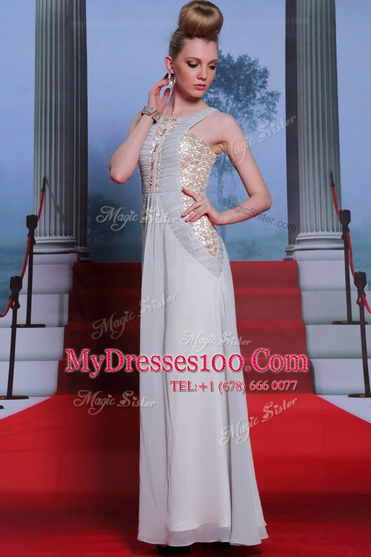 Designer Scoop Silver Sleeveless Chiffon Side Zipper Prom Dresses for Prom and Party
