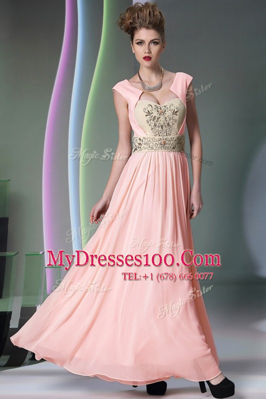 Cheap Cap Sleeves Ankle Length Embroidery and Ruching Side Zipper Prom Evening Gown with Pink