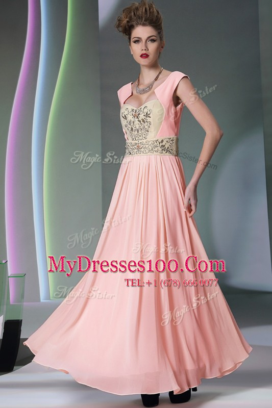 Cheap Cap Sleeves Ankle Length Embroidery and Ruching Side Zipper Prom Evening Gown with Pink