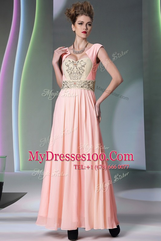 Cheap Cap Sleeves Ankle Length Embroidery and Ruching Side Zipper Prom Evening Gown with Pink