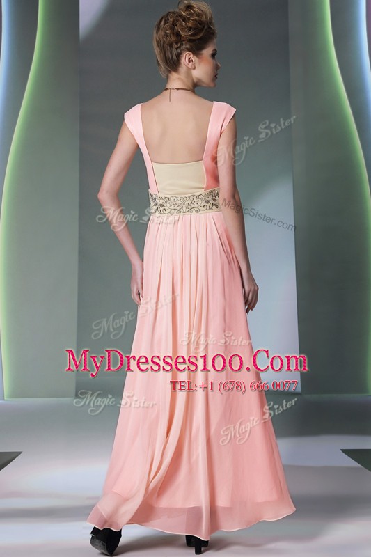 Cheap Cap Sleeves Ankle Length Embroidery and Ruching Side Zipper Prom Evening Gown with Pink
