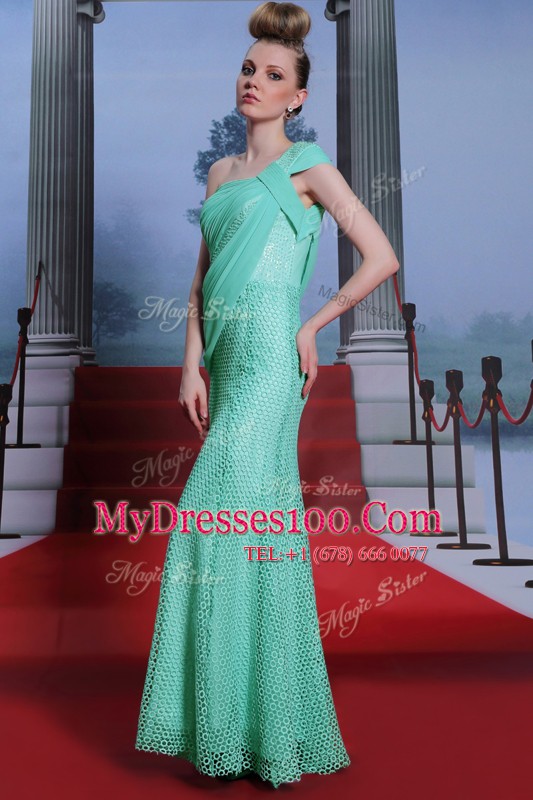 Luxurious One Shoulder Turquoise Sleeveless Ruching Floor Length Prom Evening Gown