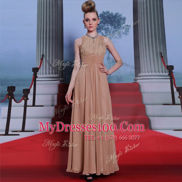 High Quality Peach Column/Sheath Chiffon Scoop Sleeveless Beading and Sequins and Ruching Floor Length Clasp Handle Homecoming Dress