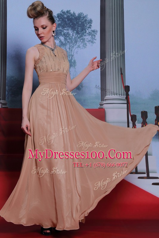 High Quality Peach Column/Sheath Chiffon Scoop Sleeveless Beading and Sequins and Ruching Floor Length Clasp Handle Homecoming Dress