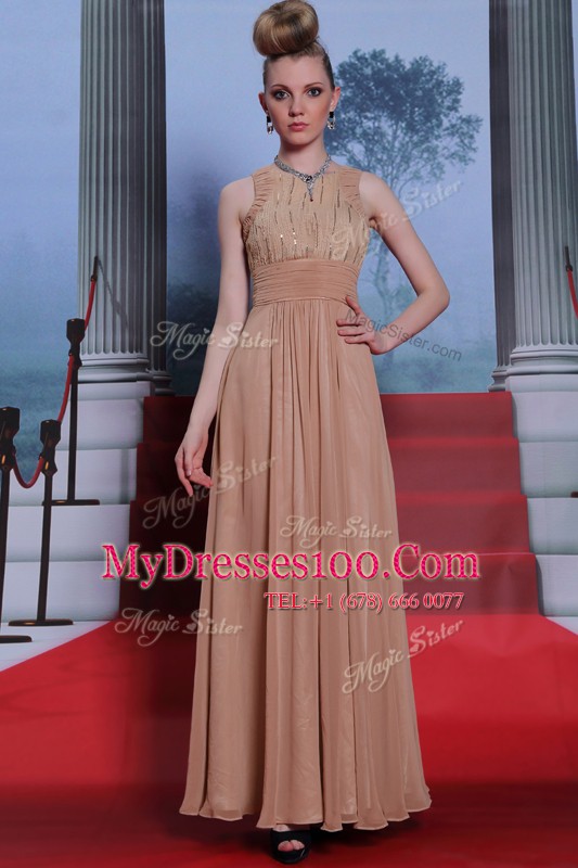 High Quality Peach Column/Sheath Chiffon Scoop Sleeveless Beading and Sequins and Ruching Floor Length Clasp Handle Homecoming Dress