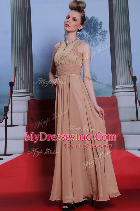 High Quality Peach Column/Sheath Chiffon Scoop Sleeveless Beading and Sequins and Ruching Floor Length Clasp Handle Homecoming Dress
