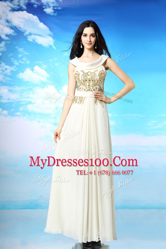 White Dress for Prom Prom and Party and For with Beading and Ruching Scoop Sleeveless Side Zipper