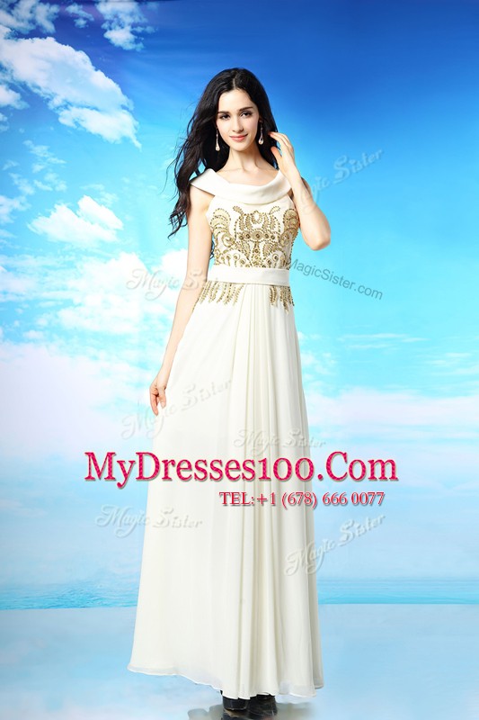 White Dress for Prom Prom and Party and For with Beading and Ruching Scoop Sleeveless Side Zipper