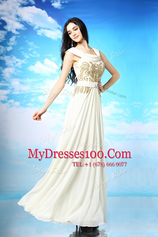 White Dress for Prom Prom and Party and For with Beading and Ruching Scoop Sleeveless Side Zipper