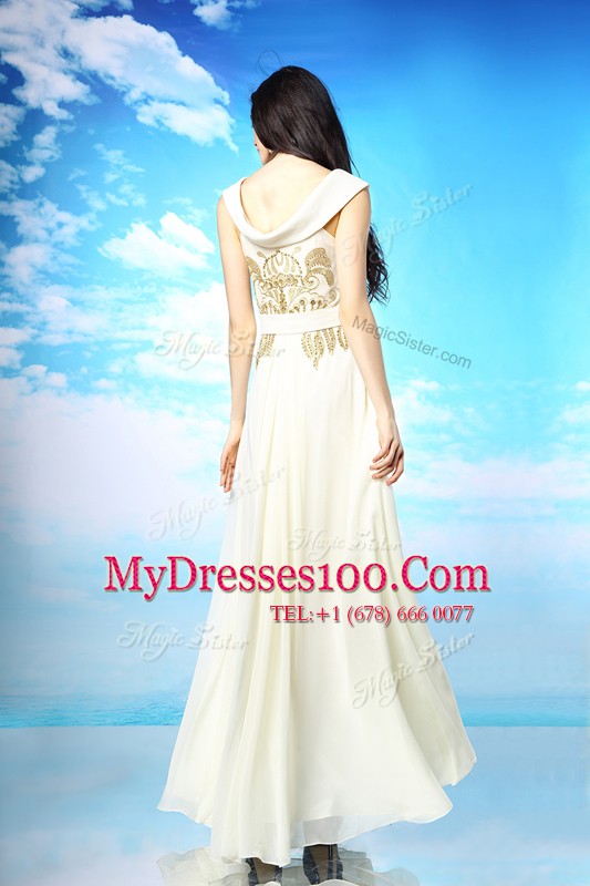White Dress for Prom Prom and Party and For with Beading and Ruching Scoop Sleeveless Side Zipper