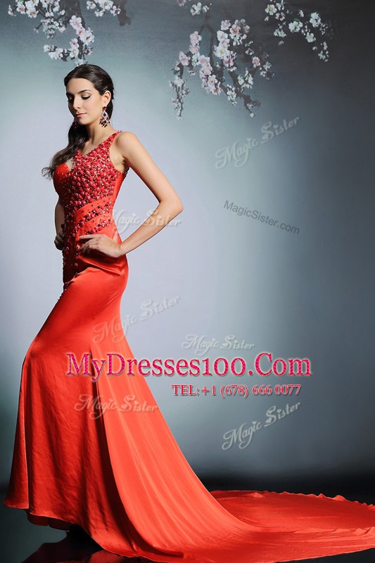 Scoop Sleeveless Satin Court Train Side Zipper in Coral Red with Beading