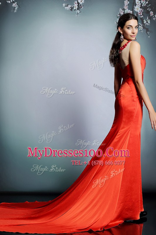Scoop Sleeveless Satin Court Train Side Zipper in Coral Red with Beading