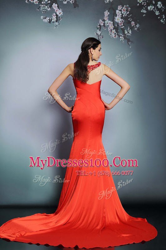 Scoop Sleeveless Satin Court Train Side Zipper in Coral Red with Beading