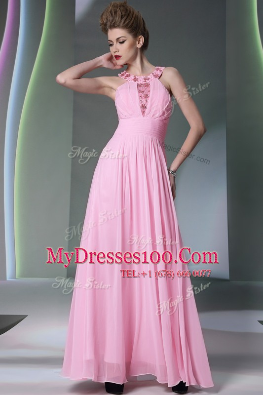 Chic Halter Top Rose Pink Sleeveless Beading Floor Length Juniors Evening Dress
