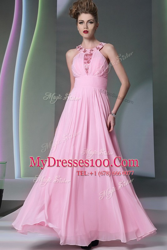Chic Halter Top Rose Pink Sleeveless Beading Floor Length Juniors Evening Dress