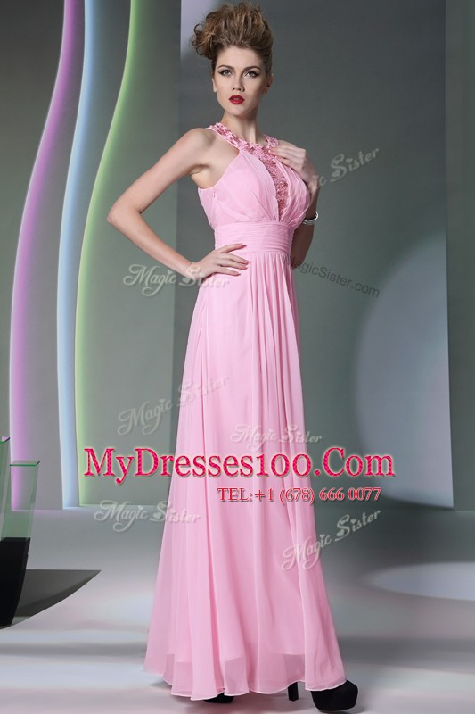 Chic Halter Top Rose Pink Sleeveless Beading Floor Length Juniors Evening Dress