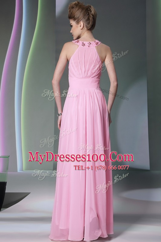 Chic Halter Top Rose Pink Sleeveless Beading Floor Length Juniors Evening Dress