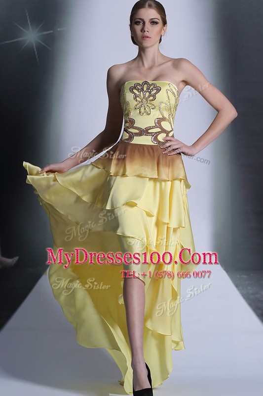 Adorable High Low Empire Sleeveless Light Yellow Dress for Prom Zipper